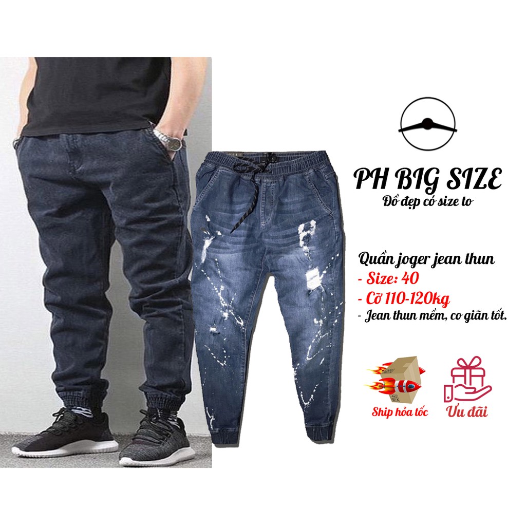 Bigsize 110-120kg | Quần Jean Joger Thun màu Xanh wash rách vẫy sơn Size to Bự | Q77