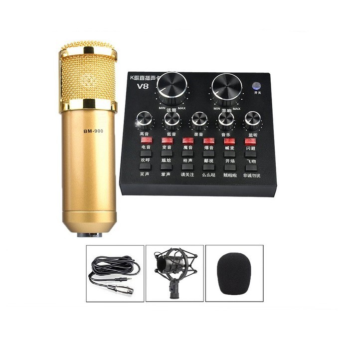 BỘ THU ÂM HÁT KARAOKE: SOUND CARD V8 + MICRO BM900