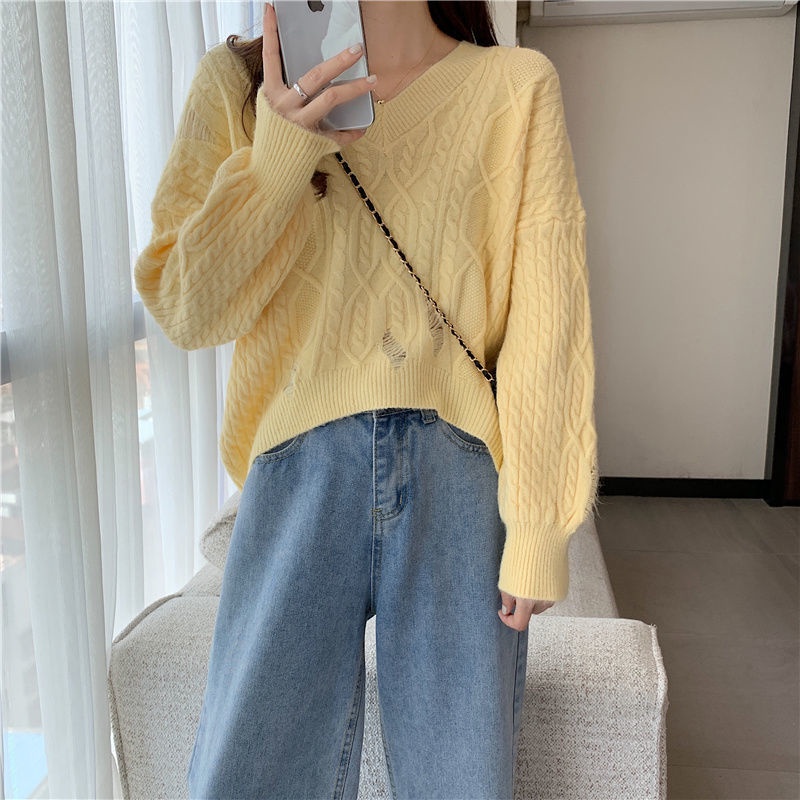 Áo sweater dệt kim cổ tim màu trơn thời trang cho nữ