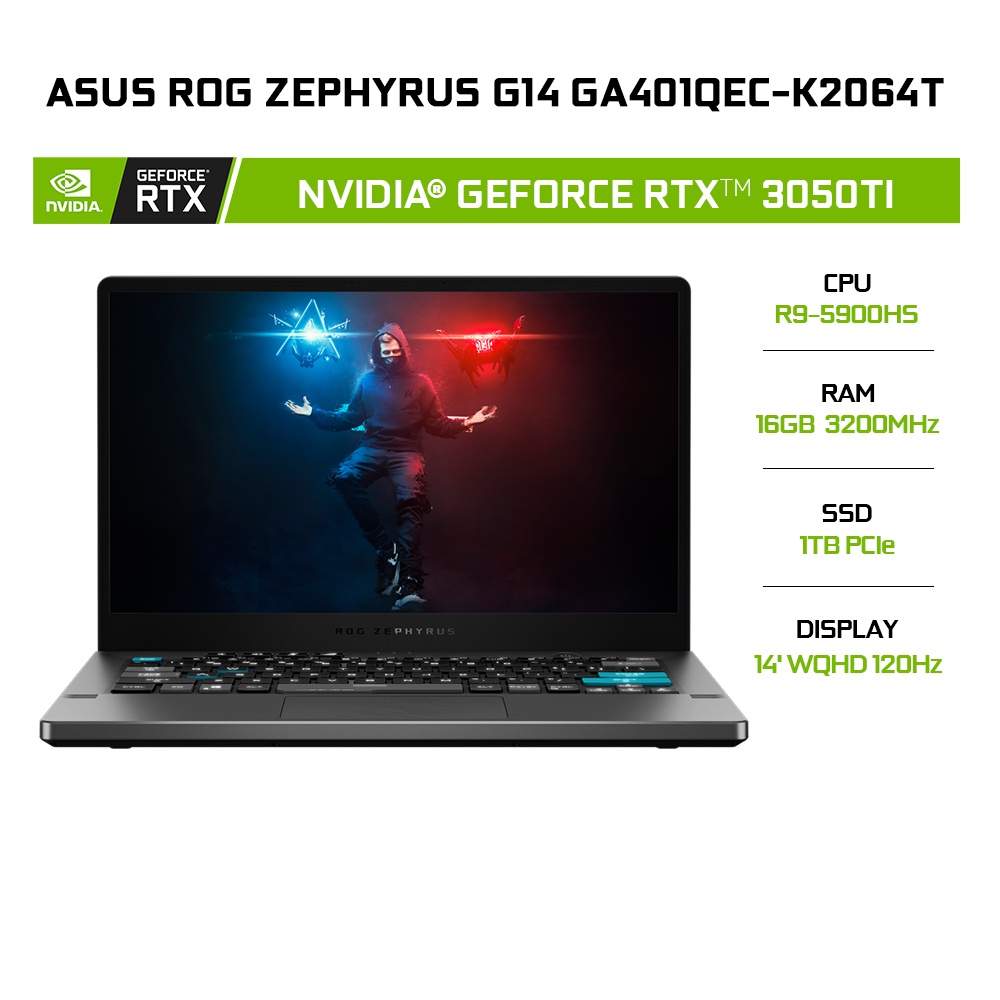 Laptop ASUS ROG Zephyrus G14 GA401QEC-K2064T (R9-5900HS | 16GB | 1TB | GeForce RTX™ 3050Ti 4GB | 14' WQHD 120Hz | W10