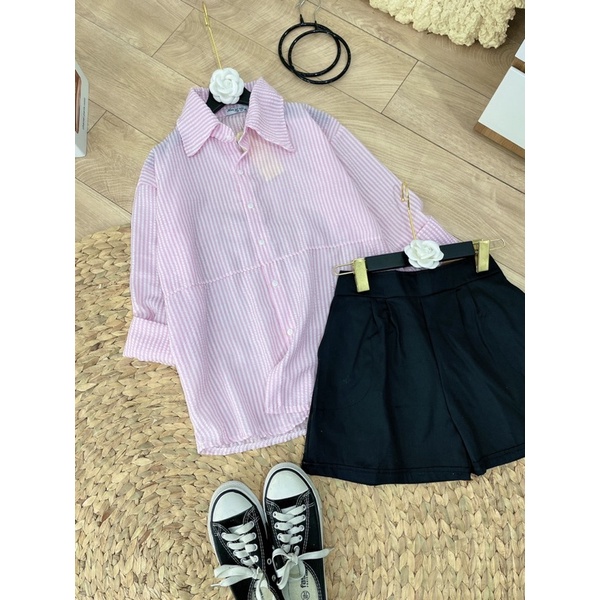 Áo sơ mi kẻ Hồng free sz