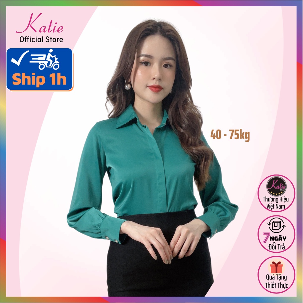Áo Sơ Mi Nữ Màu Xanh Katie Sơ Mi Tay Dài Chất Áo Lụa Ngọc Trai Cao Cấp Nhiều Màu Sang Trọng Mềm Mịn Không Nhăn Al