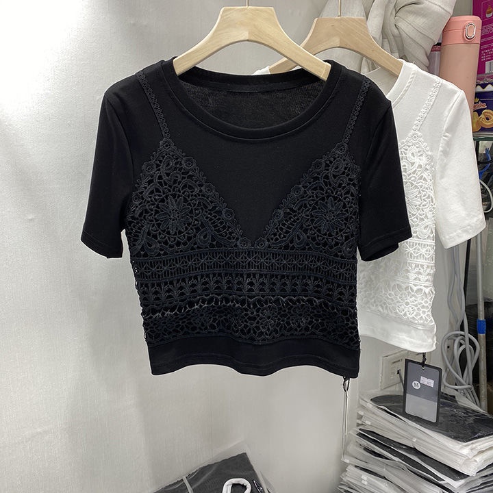 Áo thun tay ngắn cổ tròn thêu ren bằng cotton kiểu mùa hè 2022 thanh lịch cho nữ