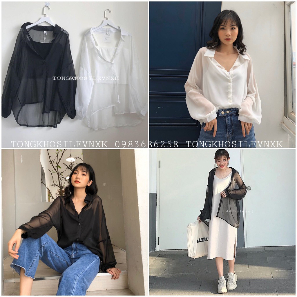 SET ÁO SƠ MI LƯỚI QUẢNG CHÂU MIX ÁO 2 DÂY HOT - SƠ MI GIẤY BUỘC ĐEN TRẮNG ULZZANG -(Sắn)