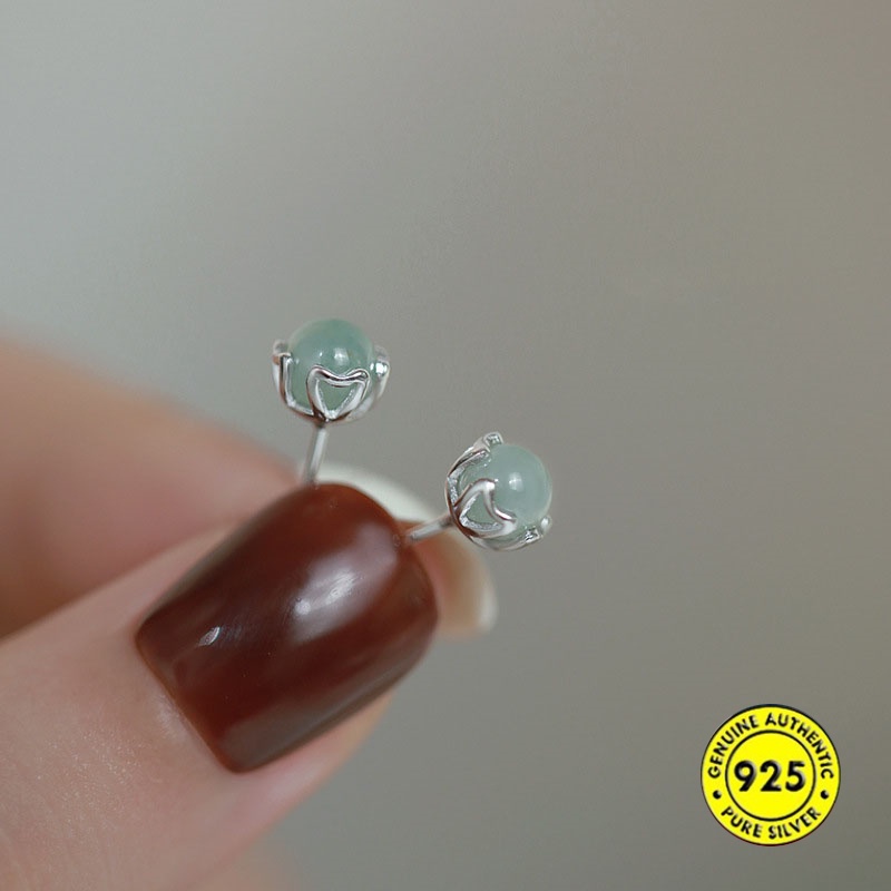 Khuyên Tai Bạc S925 Đính Ngọc Bích Thiết Kế Mới Cá Tính Thời Trang