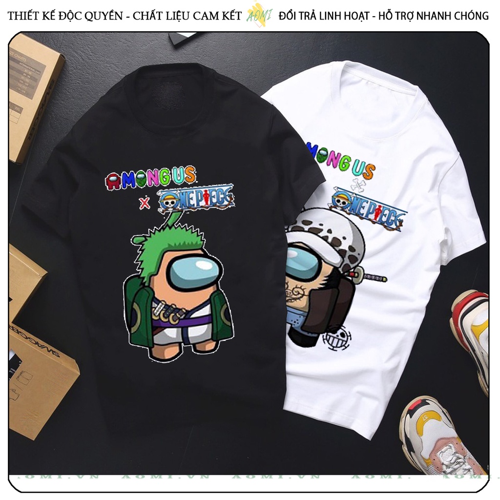 ÁO THUN Among Us x One Piece UNISEX PHÔNG ĐEN TAY NGẮN NAM NỮ GIA ĐÌNH CẶP ĐÔI SIZE TRẺ EM BÉ TRAI GÁI AOMIVN