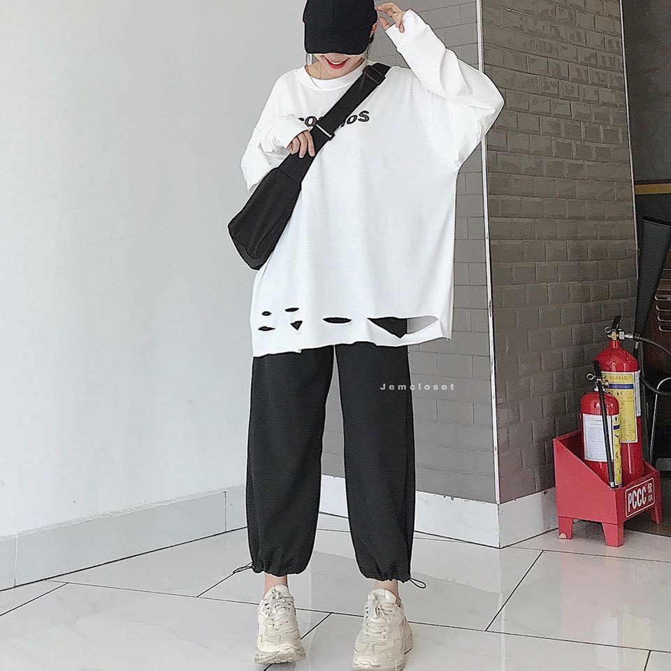 Set áo thun COS dài tay phối quần dài rút dây eo / Bộ đồ thu đông nam nữ form rộng style Ulzzang Nanashop