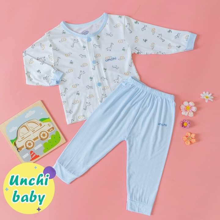 Bộ dài tay UNCHI chất peptit mầu , cúc giữa , quần áo cho bé Babykisshop