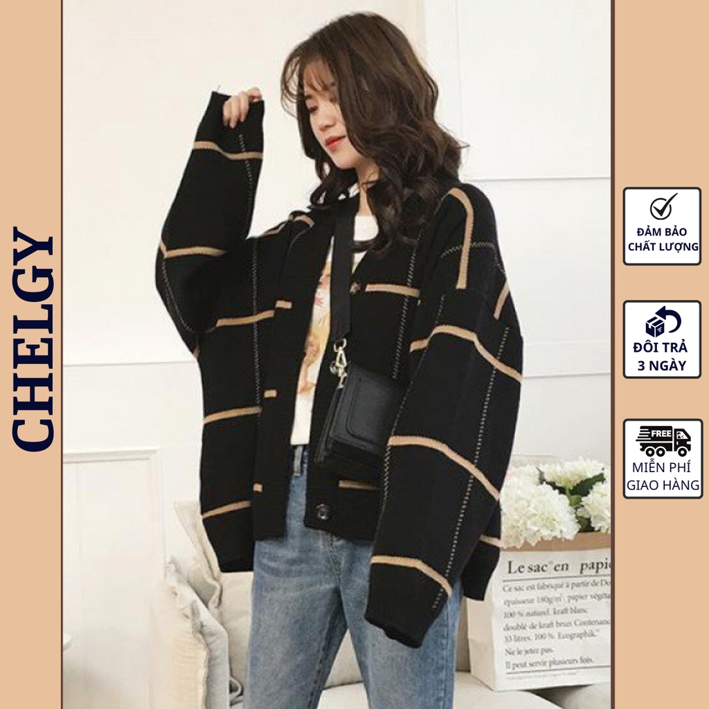 Áo khoác Cardigan nữ Chelgy dáng rộng họa tiết kẻ ô vuông to sọc nên đen nâu CG-CDGHM102