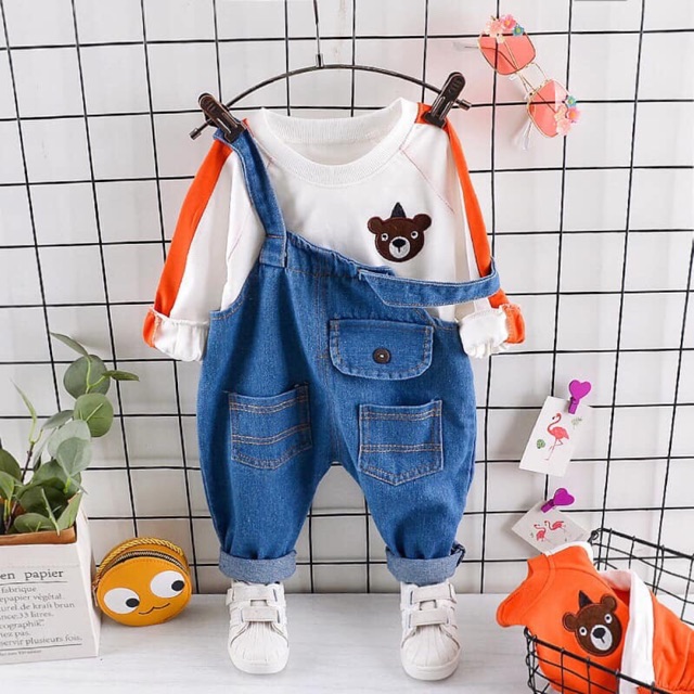 Set yếm jeans hàn quốc bé trai bé gái 9-16kg