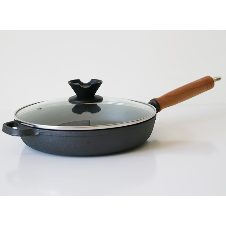 Chảo Gang dày tay cầm gỗ 22cm tôi dầu sẵn, chảo chiên rán, chảo nướng - bittet, chảo chống dính tự nhiên