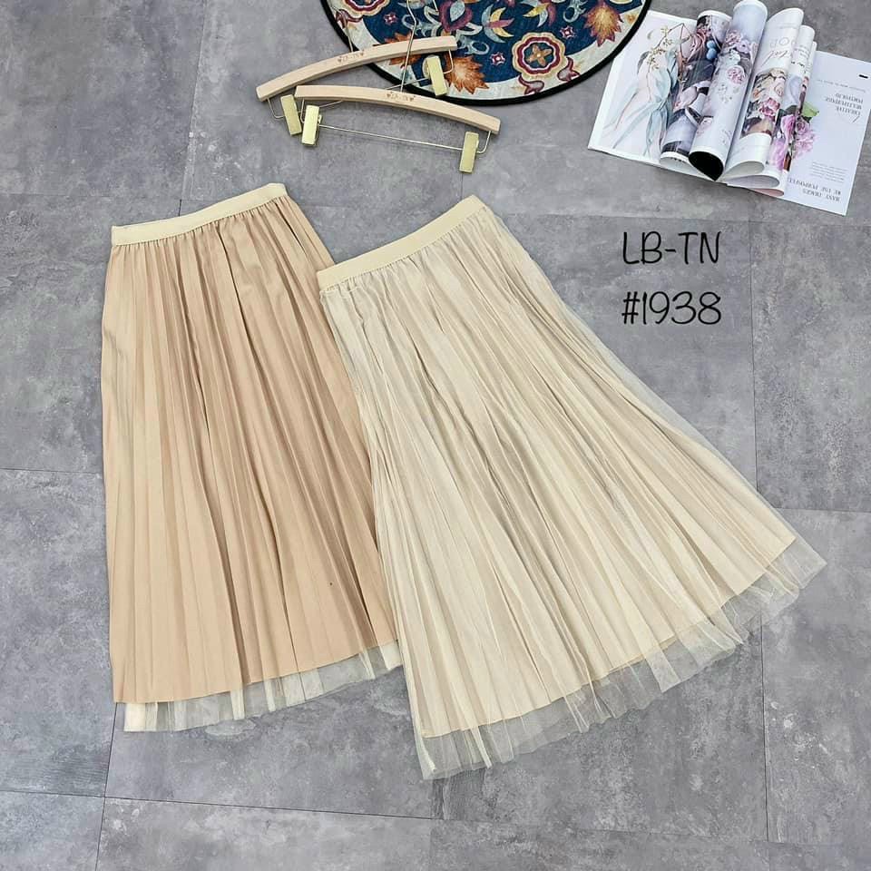 #1938  Chân váy xòe xếp ly chất vải sạn phối voan mặc 2 mặt -chân váy lưới