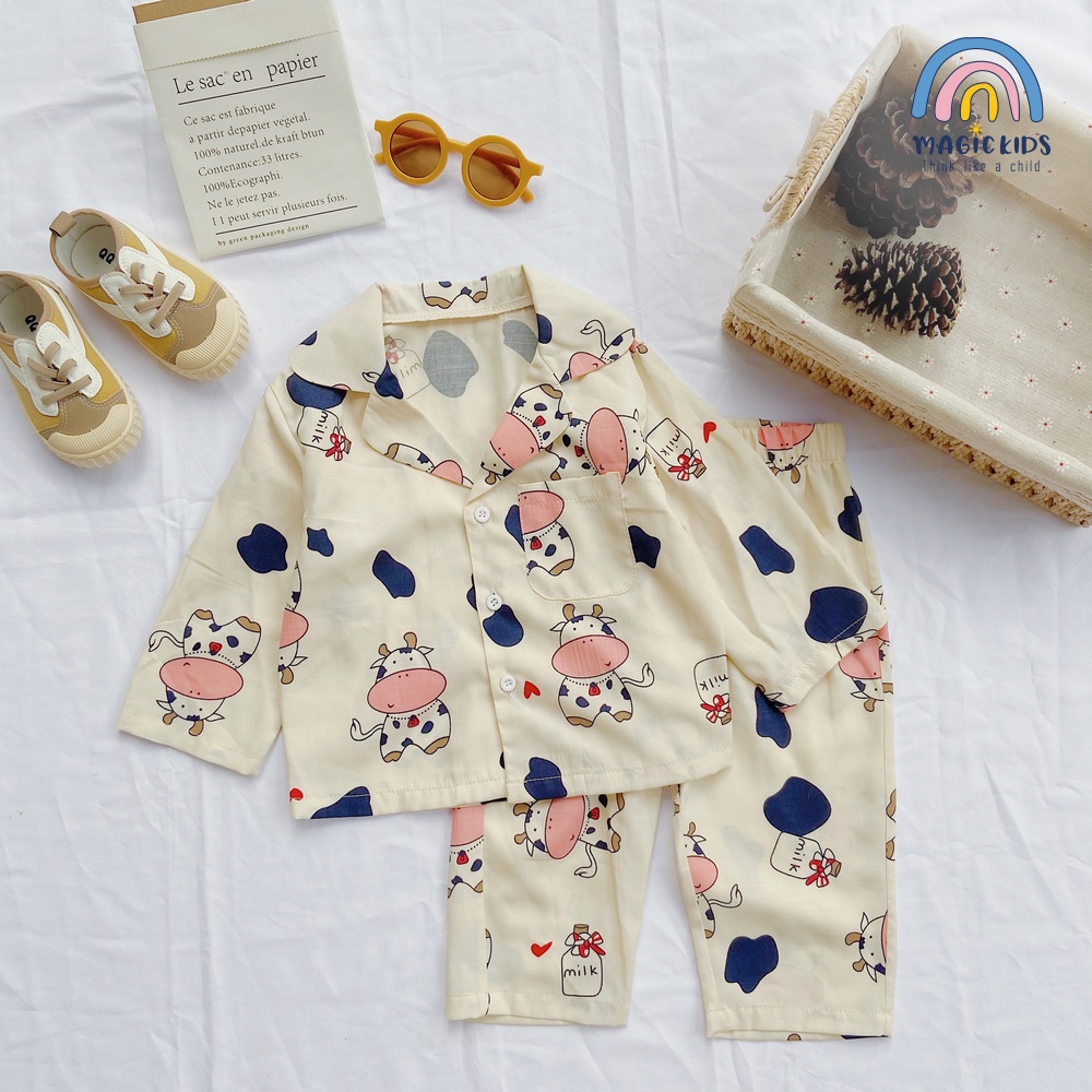 Bộ quần áo ngủ pyjama dài tay họa tiết bò sữa đáng yêu dành cho bé MAGICKIDS quần áo trẻ em mềm mại thoáng mát BR21031