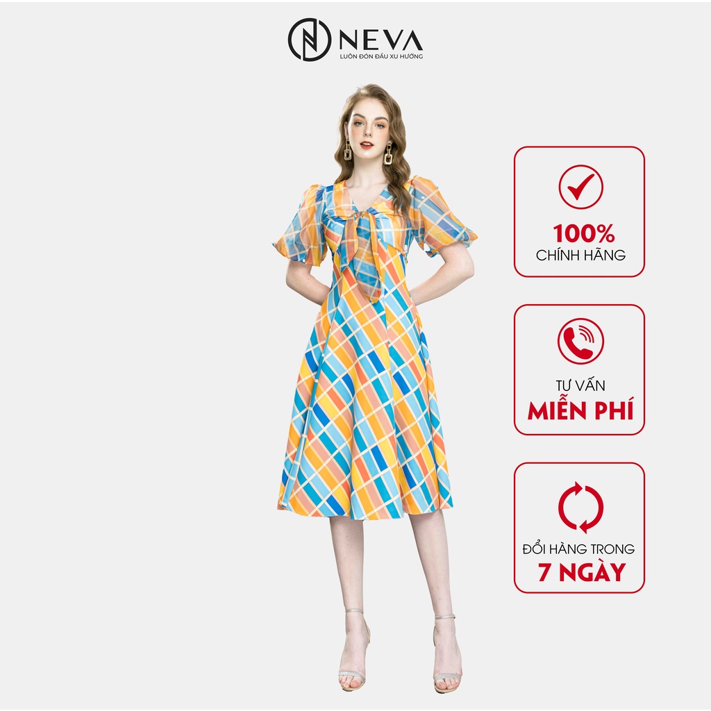 Đầm xòe NEVA tay bồng cổ V thắt nơ chất vải organza eo thắt tôn dáng B430042