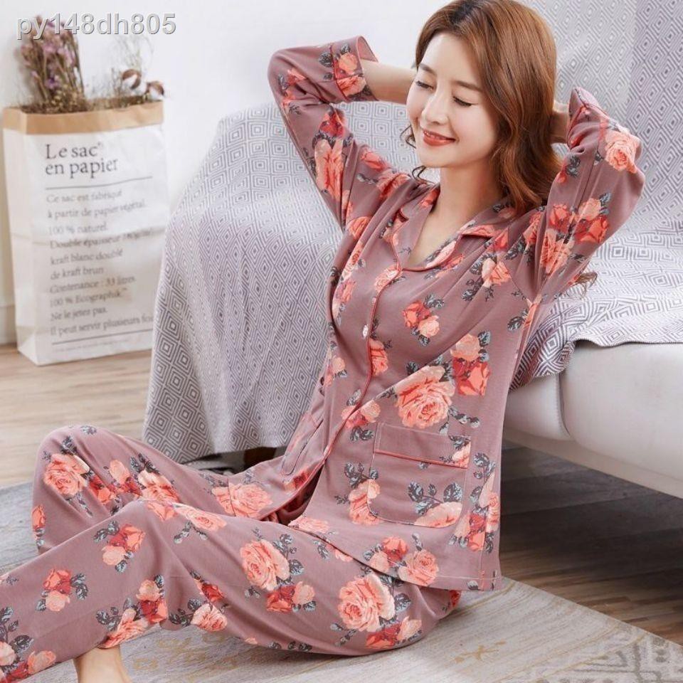 ₪Bộ đồ ngủ cotton cao cấp nữ xuân hè thu đông mặc nhà, bà mẹ trung niên, cardigan thu đông plus size bộ đồ nữ