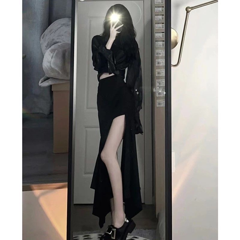 Set Áo Sơ Mi Tay Dài Phối Chân Váy Lưng Cao Màu Đen Phong Cách Retro Cao Cấp Cho Nữ