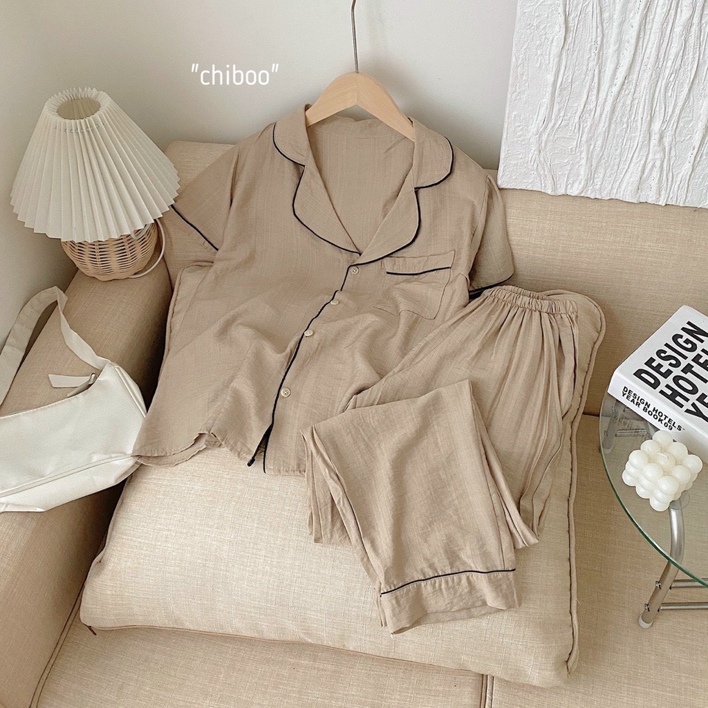 Ộ Đồ Ngủ Nữ Pyjama Mặc Nhà Cộc Tay Chất Vải Đũi xước siêu mát Mềm Mịn Dễ Thương
