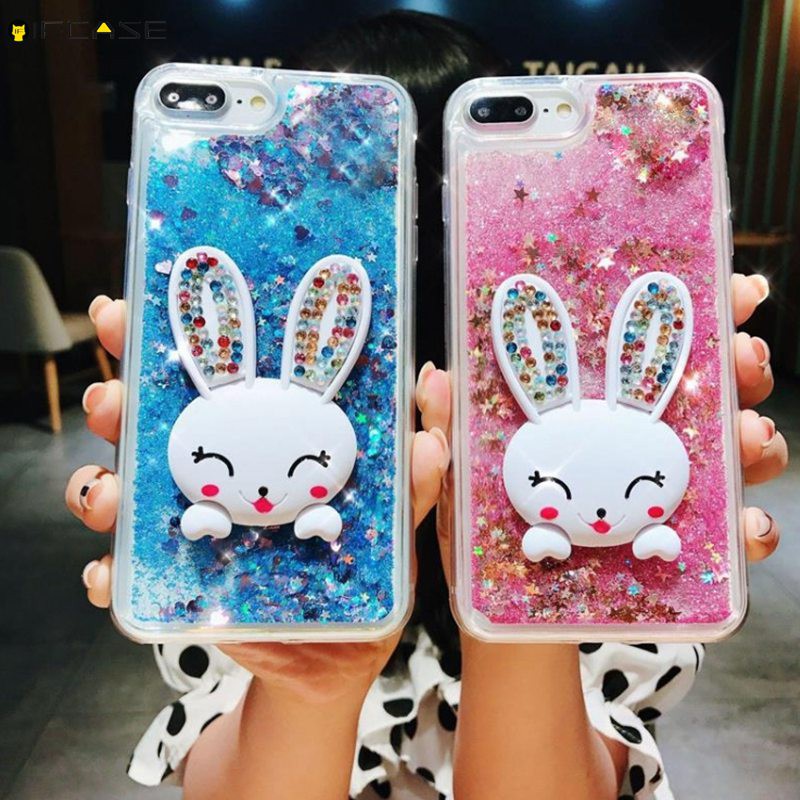 Ốp điện thoại mềm trong suốt lấp lánh có giá đỡ kiểu dáng thỏ cho iPhone 11 Pro Max XS Max XR X 7 8 6 6s Plus