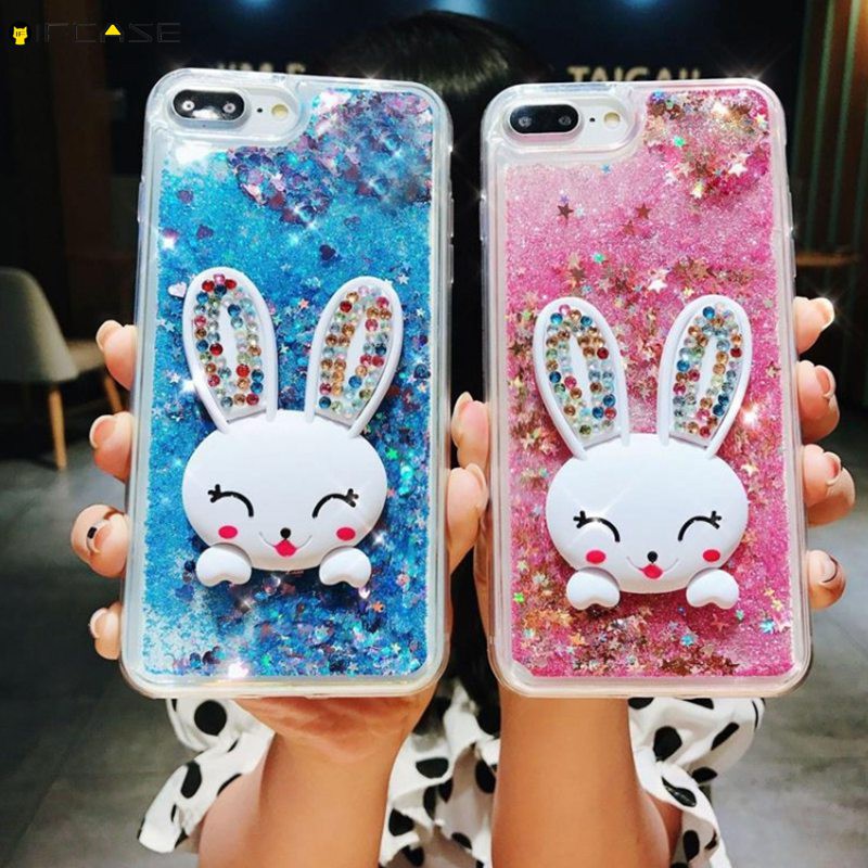 Xiaomi Redmi Note 9 9S 8T 8 7 6 5 Pro Max Phone Case Quicksand Liquid Rabbit Holder Stand Glitter Bling Cartoon Cute Clear Transparent Soft Case Cover