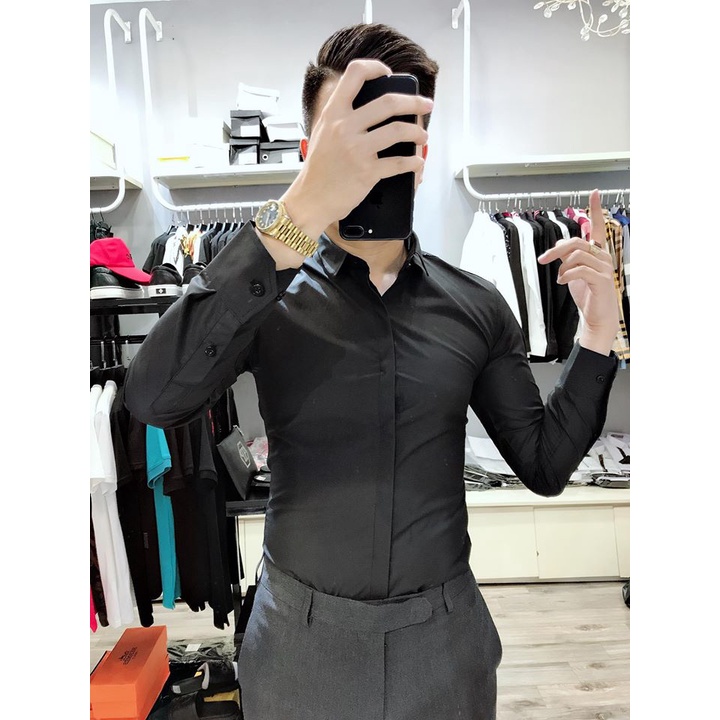Áo Sơ Mi Dài Tay Nam Đen Trơn Chất Lụa Mịn Chống Nhăn Thời Trang Lịch Lãm