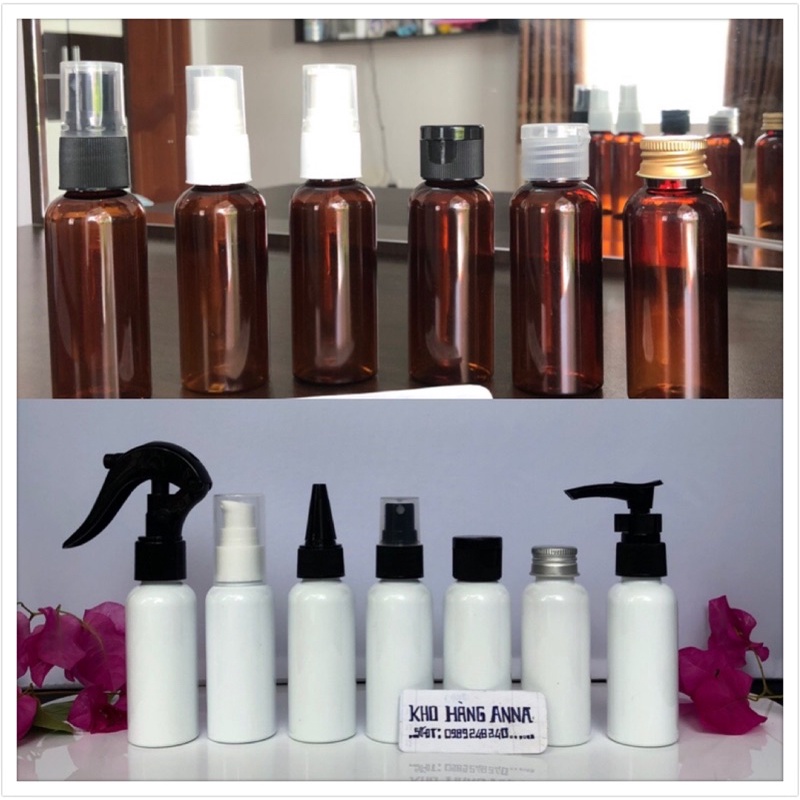 Chai Nhựa Rỗng NHỎ 50Ml đựng Mỹ phẩm - Chai nhựa màu Trắng/ Nâu/ Xanh / Trong xịt giọt, xịt sương, nắp nhọn, nắp bật