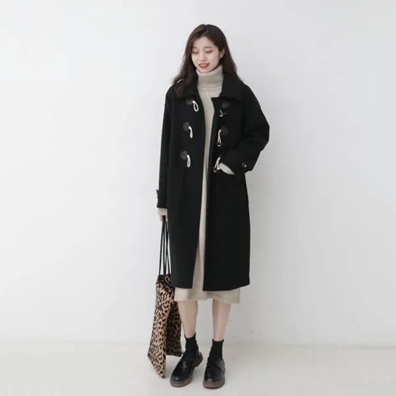 IELGY   Áo Khoác Len Dáng Dài Phối Nút Phong Cách retro Nhật Bản