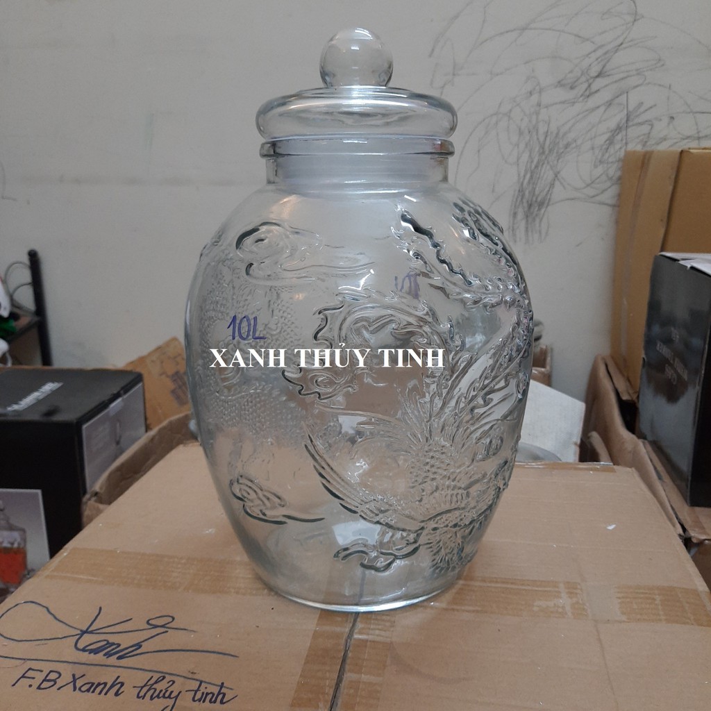 Chum thủy tinh họa tiết rồng phượng, dày dặn - Dung tích - 10 lít