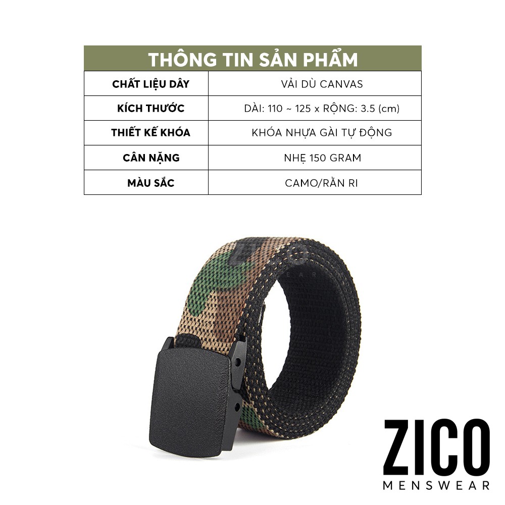 Dây nịt vải dù Canvas ZICO MENSWEAR khóa cài tự động - Thắt lưng dù nam họa tiết rằn ri