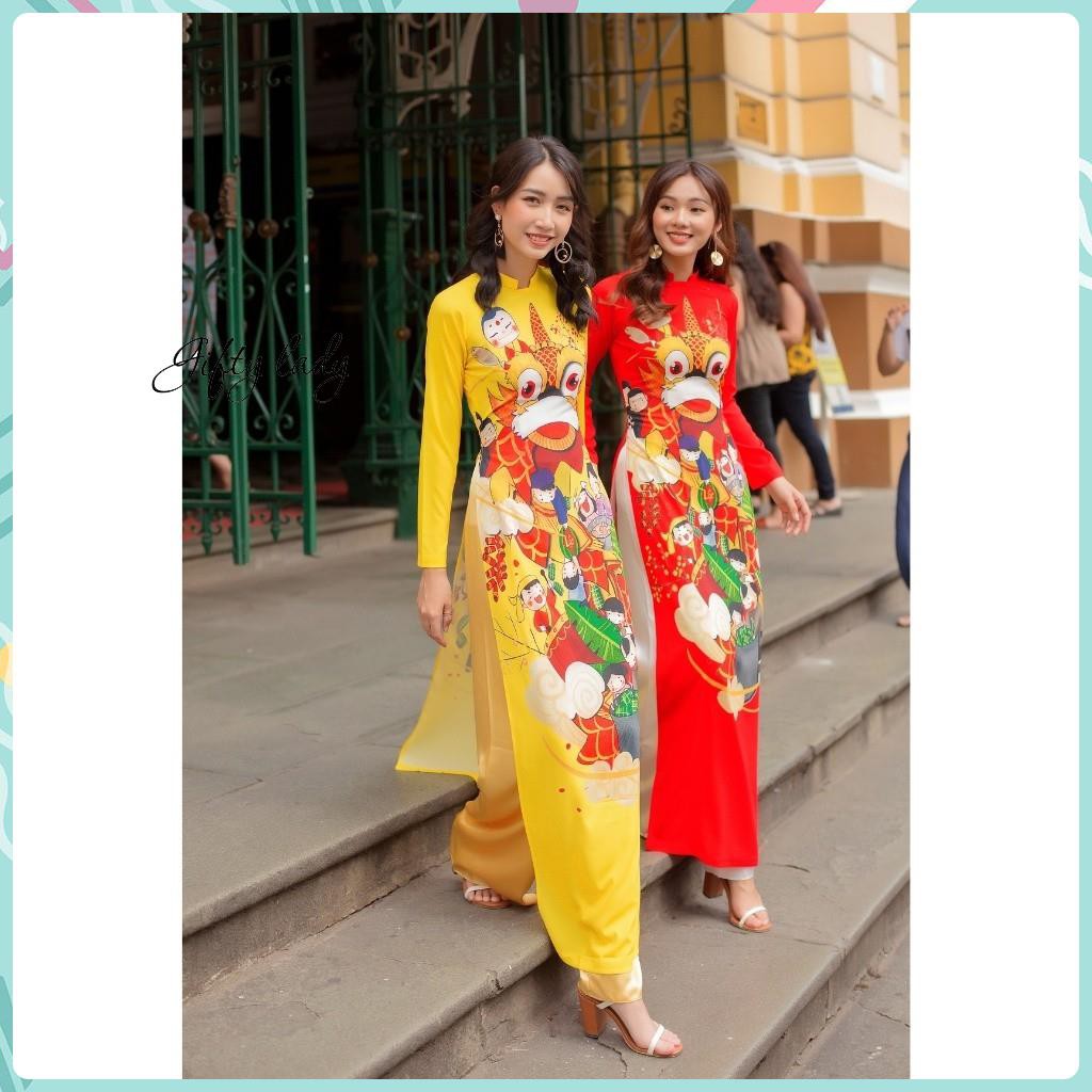 Áo dài truyền thống nữ đỏ vàng cổ cao hở vuông vải lụa hoạ tiết lân tết khai trương có nhiều size | WebRaoVat - webraovat.net.vn