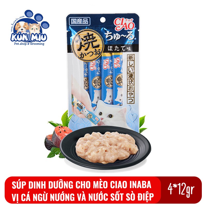 Súp dinh dưỡng, bánh thưởng cho mèo Inaba Ciao Churu gói 4 tuýp *12g vị Cá ngừ nướng và nước sốt sò điệp 4R105