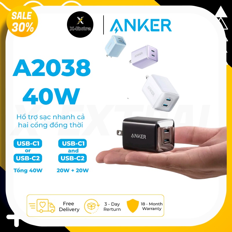 Củ sạc nhanh Anker A2038 521 Nano Pro 40W 2 cổng Type-C 20W + 20W PD PPS QC nhỏ gọn nhiều màu sắc - BH 12 tháng | BigBuy360 - bigbuy360.vn