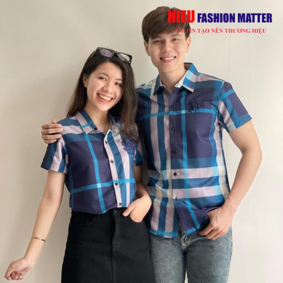 Áo sơ mi Nam Nữ ⚡ FREE SHIP ⚡ Áo sơ mi cộc tay kẻ sọc caro Burberry logo thêu ngực 😍😍😍 !