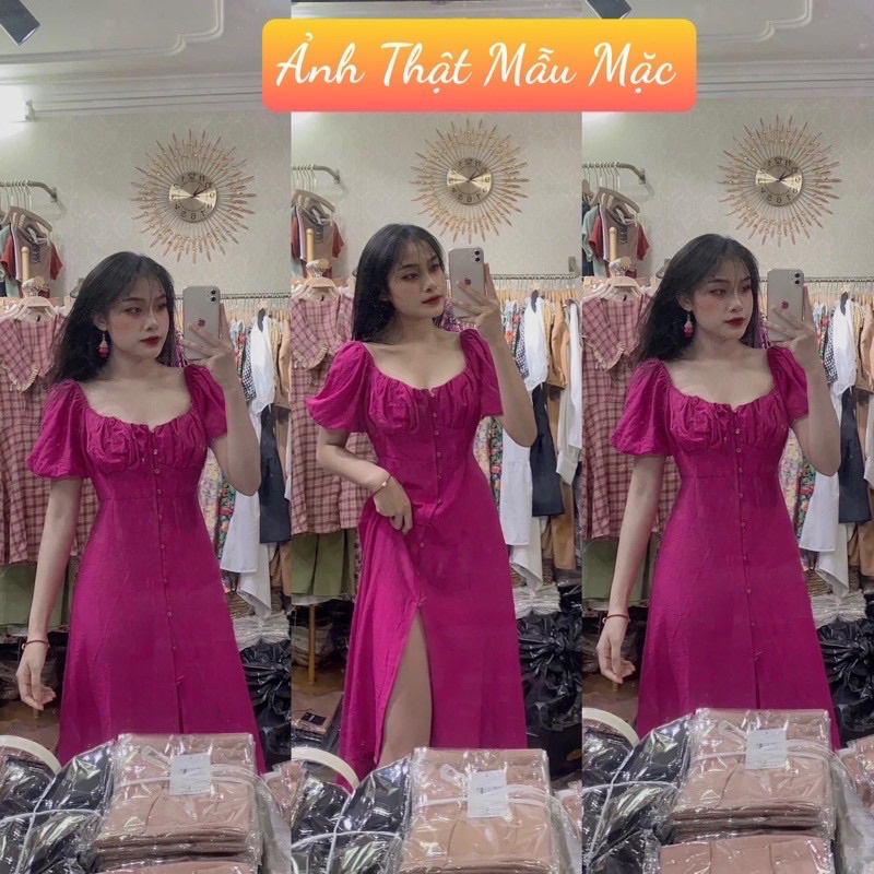 Váy xòe cổ vuông tay phồng dúm ngực tôn dáng | BigBuy360 - bigbuy360.vn