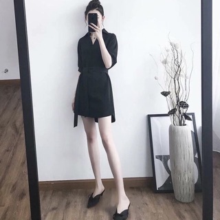 Đầm váy sơ mi đen cột eo - form to (kèm hình thật)