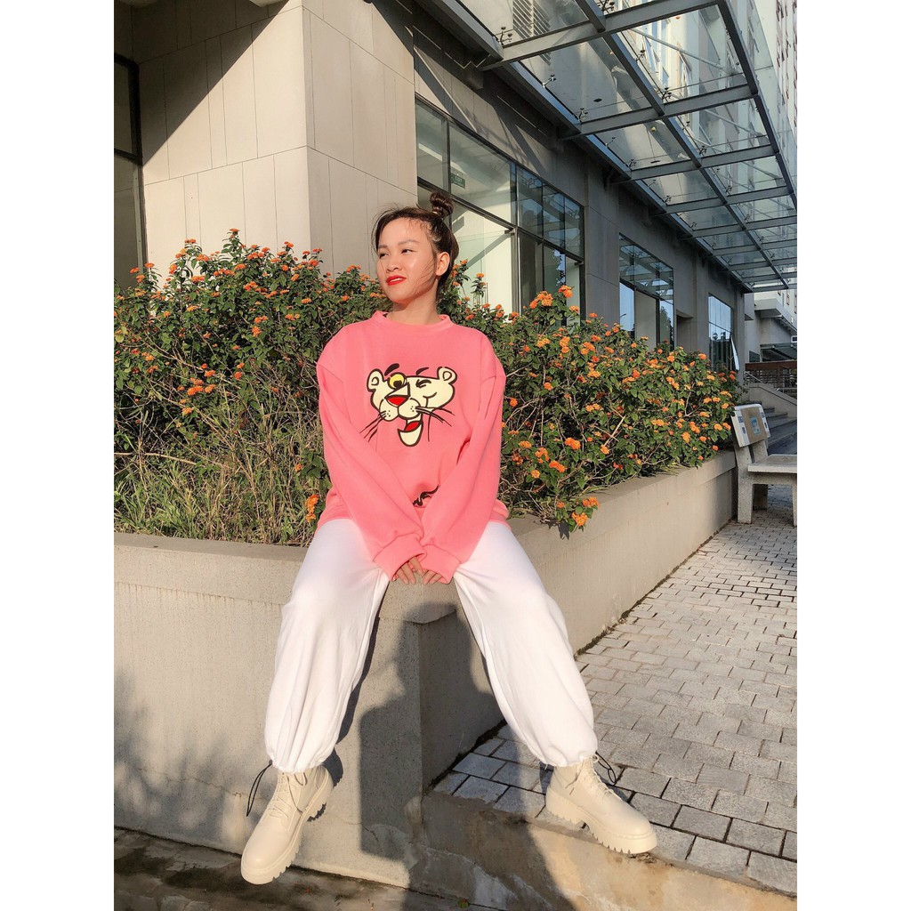Bộ Nỉ Nữ Áo Thun In Hình Lợn Và Báo Hồng Kèm Quần Jogger