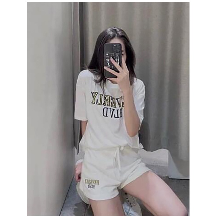 Zara Bộ Áo Thun Ngắn Tay Cổ Tròn In Chữ + Quần short Lưng Cao Cá Tính Theo Phong Cách Mù 0264340 0264341Áo blouse