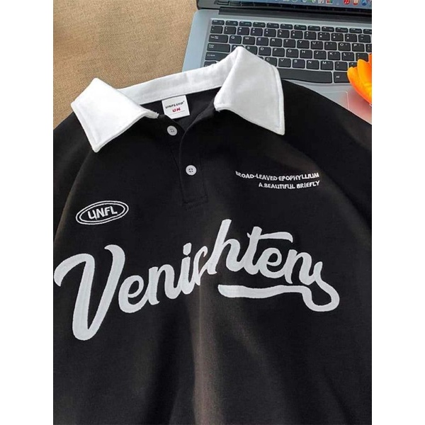 Áo thun POLO nam nữ tay lỡ có cổ form rộng freesize unisex in chữ VENICHI