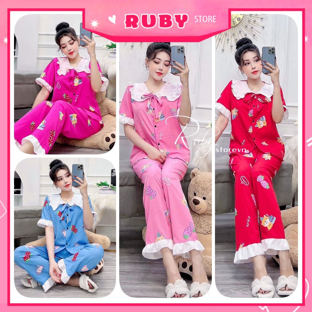 Đồ bộ tiểu thư cho nữ mặc nhà chất kate lụa mềm mát in hình trái dâu hoạt hình dễ thương BLH15