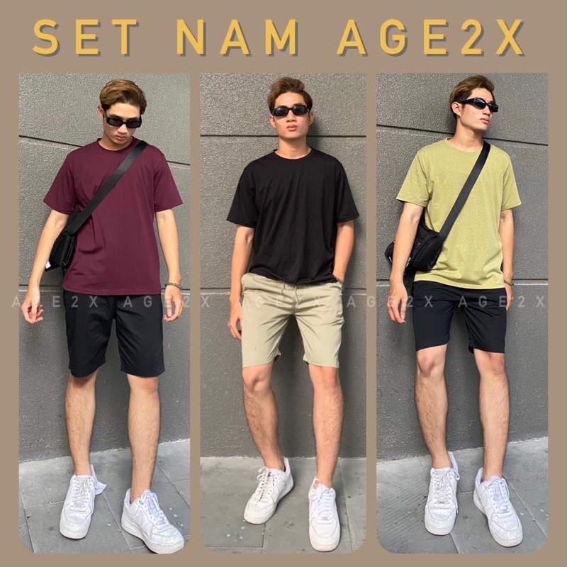 Set nam AGE2X gồm quần short kaki và áo thun trơn chất kaki và thun trơn