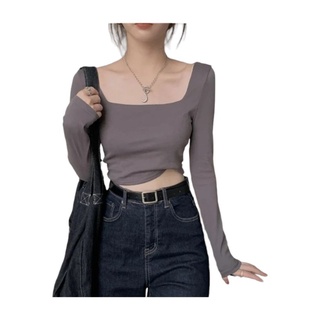 Áo croptop kiểu nữ tay dài cổ vuông phong cách hàn quốc
