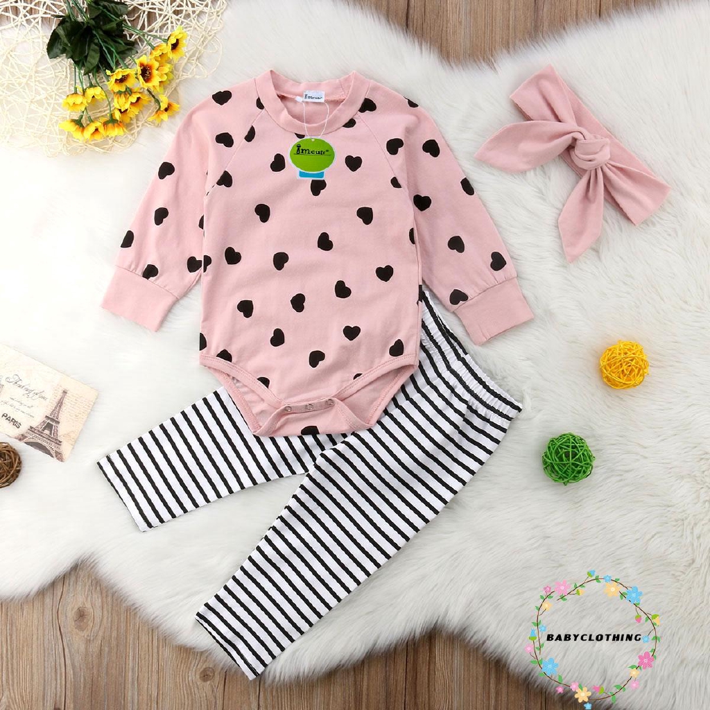 ღWSVღLove Heart Pink Baby Girls Long Sleeve Romper Bodysuit +Stripe Pant+ Headaband Casual Cotton Outfits Clothes