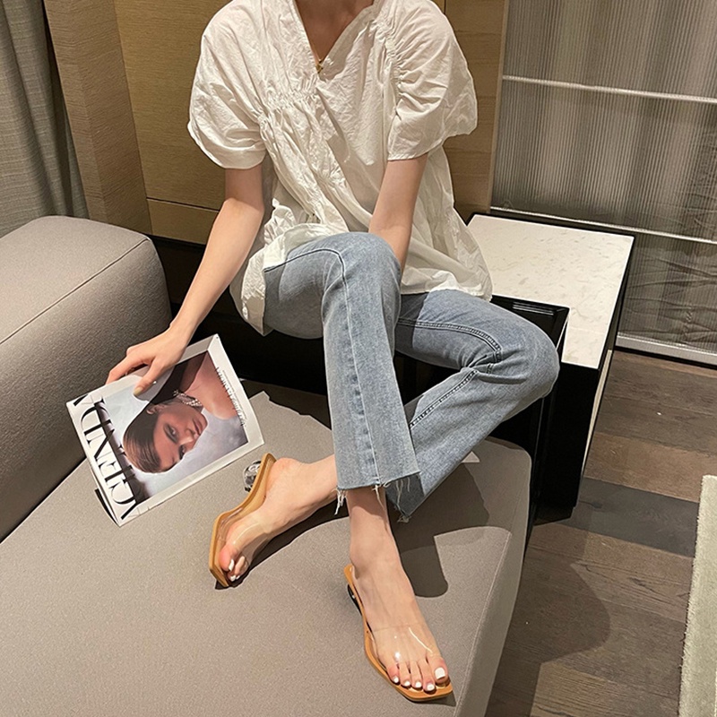 Ielgy Dép Gót Dày Đính Pha Lê Màu Trơn Đơn Giản Thời Trang Mùa Hè