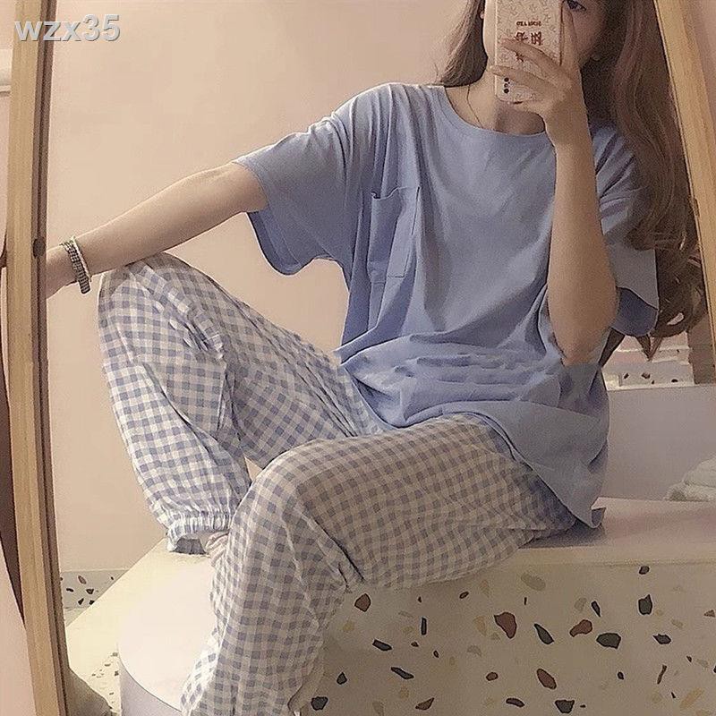 Korea ins hyuna Nhật Bản pijama kẻ sọc lưới nữ quần dài tay ngắn màu đỏ sinh viên bộ đồ dịch vụ ở nhà mỏng