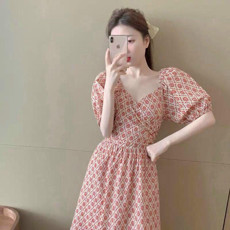 Đầm nữ tay phồng, đầm tiểu thư nữ cổ đắp chéo, đầm hoa nhí nữ, đầm maxi hở lưng