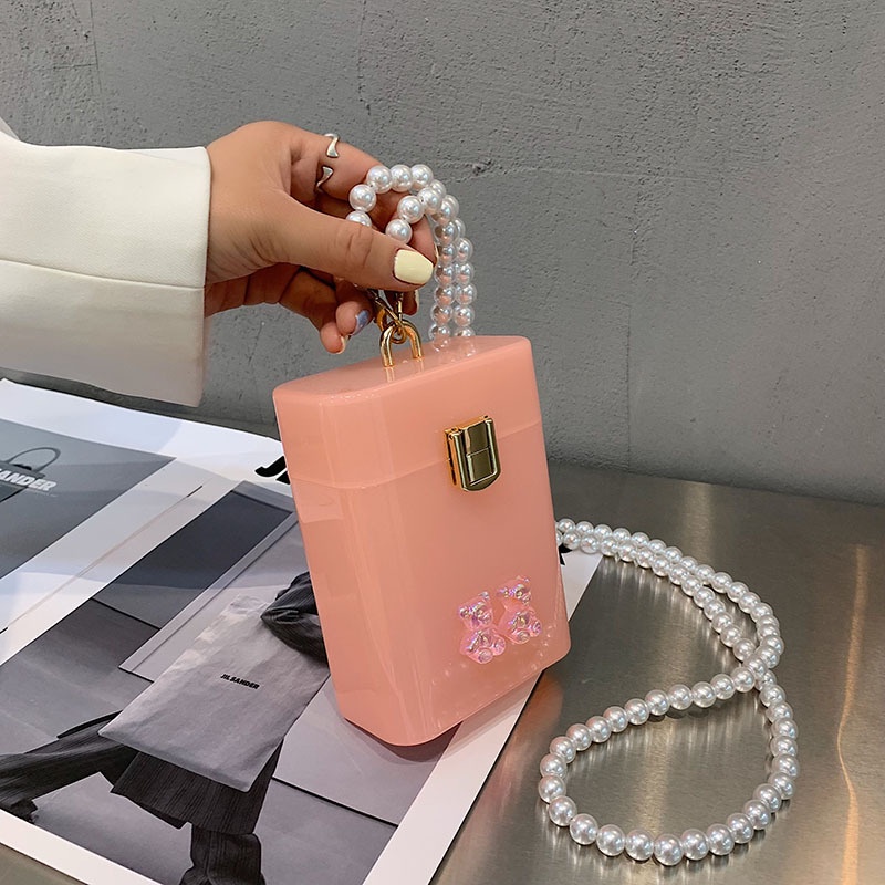 Túi đeo chéo Mini trong suốt phối dây xích thời trang mùa hè Hàn Quốc 2021