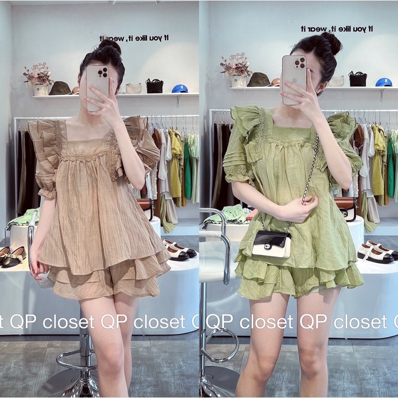 set tơ bèo nhăn mix quần giả váy chuẩn QP (sẵn)