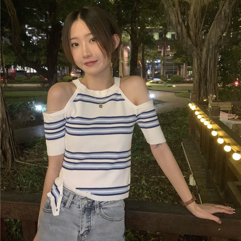 Áo thun BH dệt kim trễ vai tay ngắn họa tiết kẻ sọc thời trang mùa hè dành cho nữ