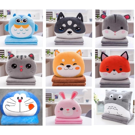 Chăn gối gấu bông Cú xanh, Mèo, Cún 2in1 siêu đáng yêu