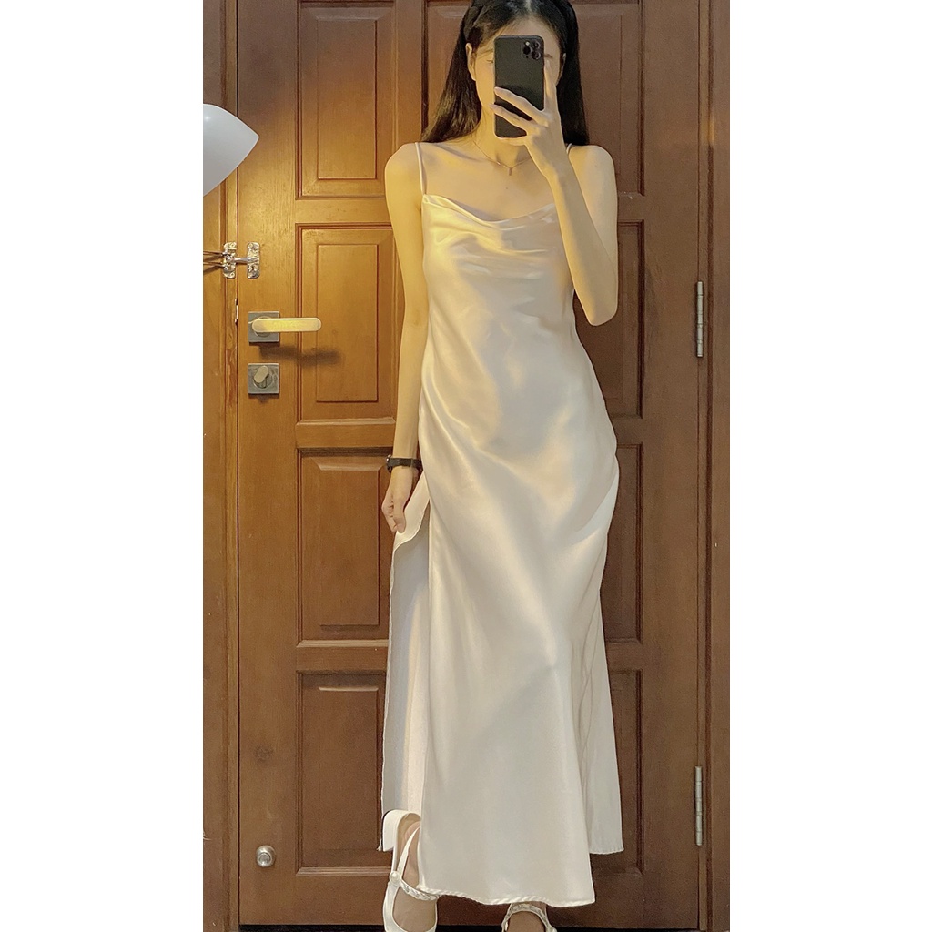 L04 [Hình Thật] Đầm Lụa Cổ Đổ Kép Xẻ Tà Cực Sang, Đầm Lụa Dự Tiệc Sang Chảnh Sexy Hở Lưng