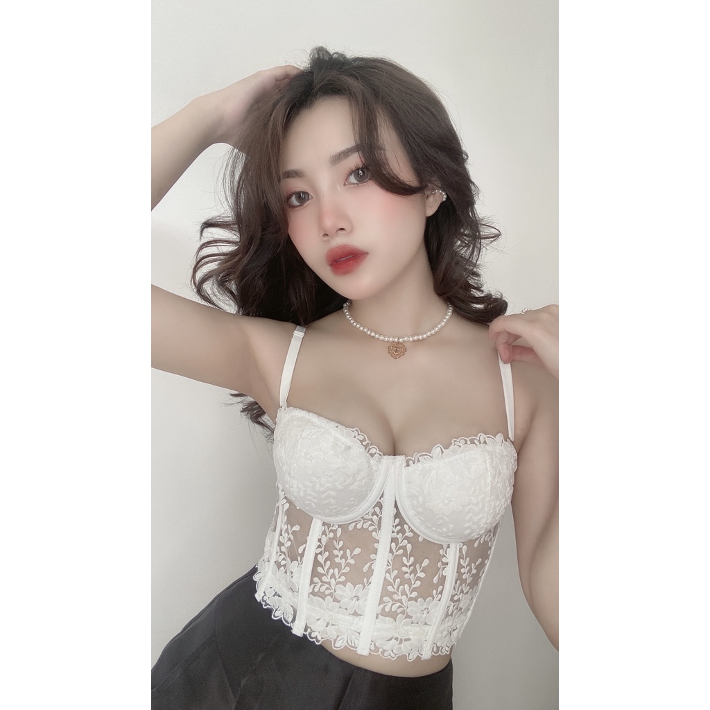 Áo corset / Áo croptop ren thêu hoa có gọng và mút
